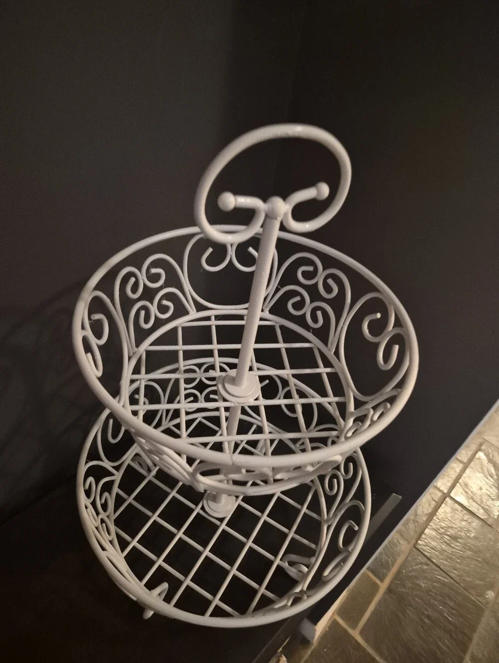White Metal Scrollwork Princess  2-Tiered Basket Fruit Bowl Holder Decor